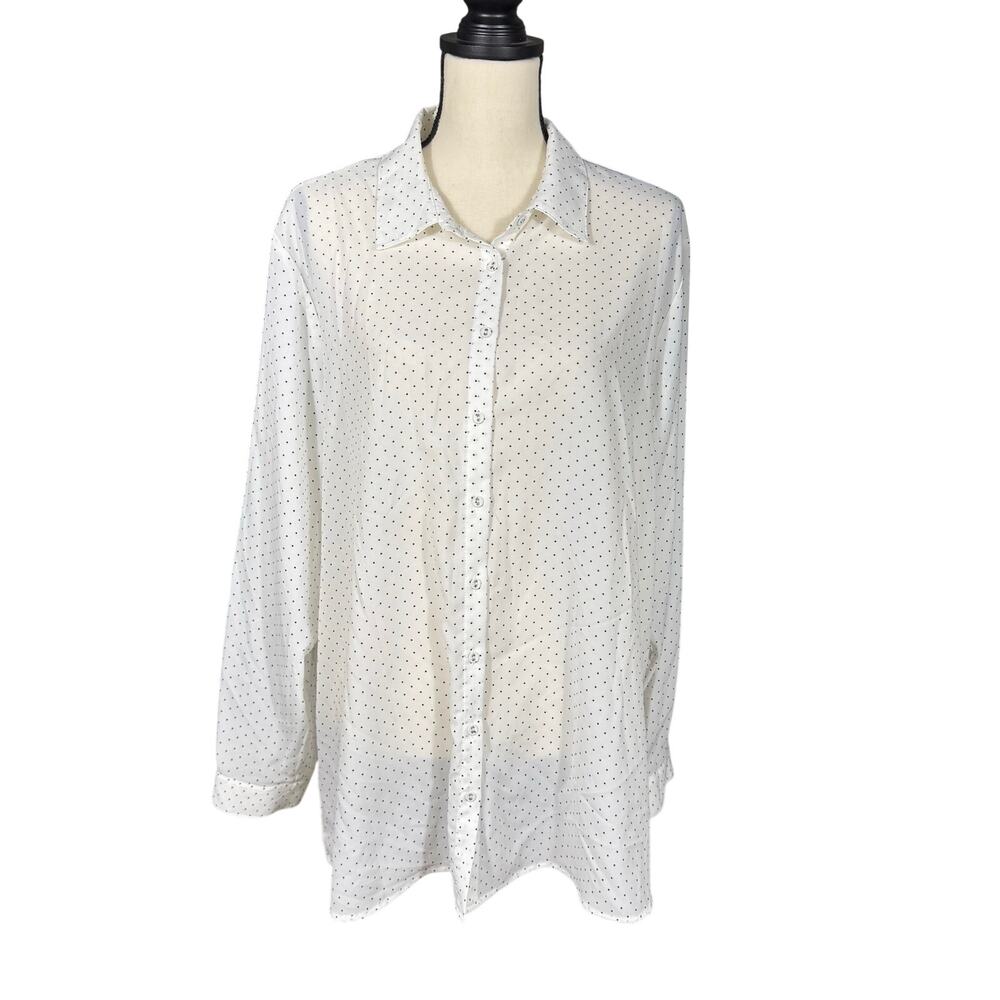 Tahari Women's XXL White‎ Small Polka Dot Pattern Button Down Long Sleeve Blouse